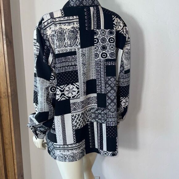 Vintage 90’s Alia Black And White Patchwork Print Oversized Button Down Shirt Wo - Picture 5 of 8
